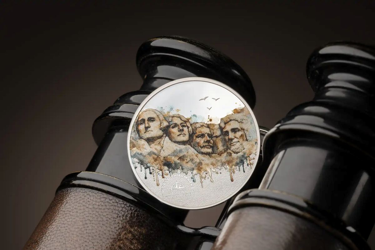 Close-up of 2026 Cook Islands Mount Rushmore silver proof coin, 0.5 oz, colorized, minted in 2026, showcasing iconi.