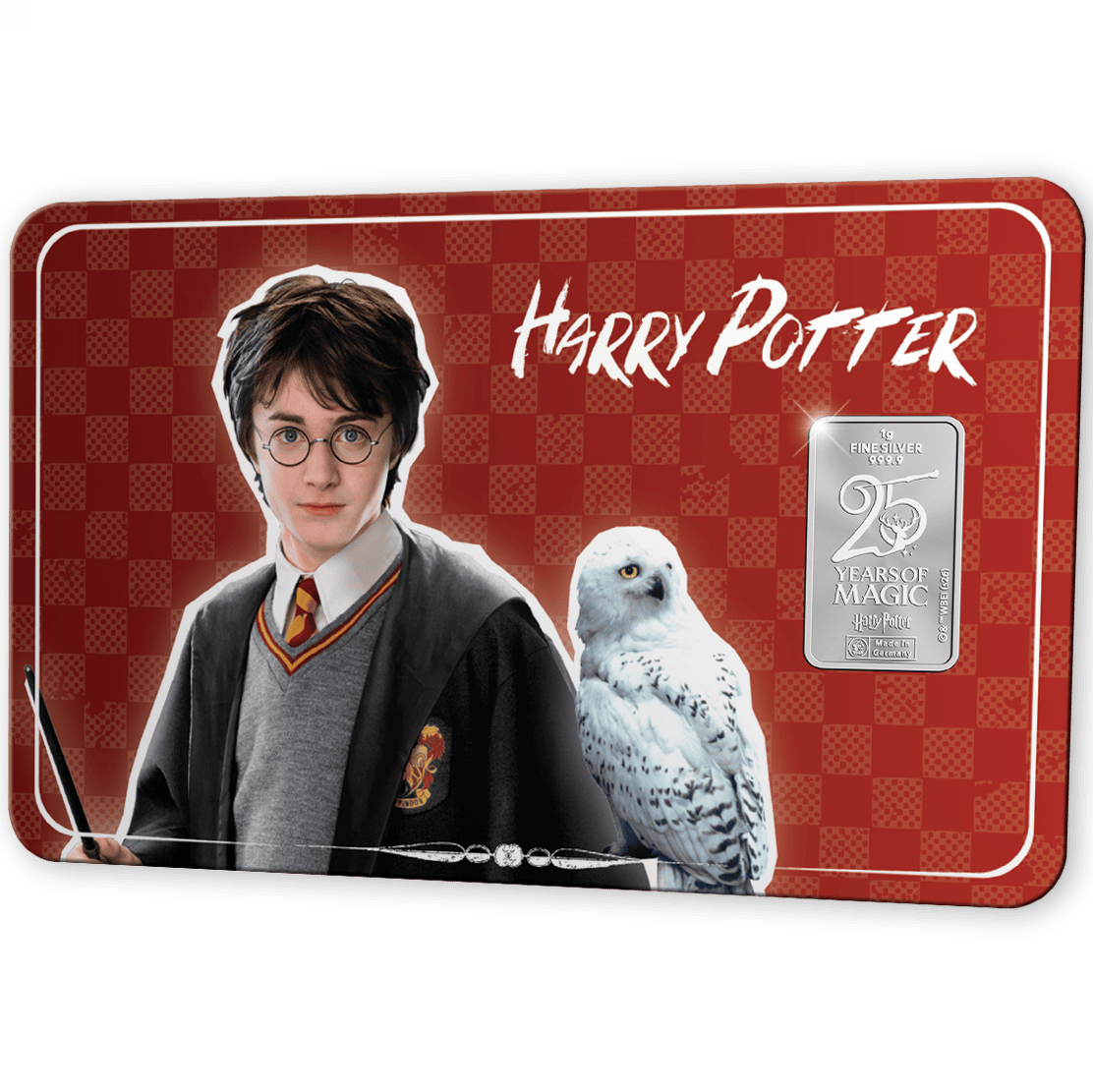 Harry Potter 2026 Germany 25 Years of Harry Potter 1 Gram Silver Bar, mint made, angled view, 2026, theme: Harry Po.