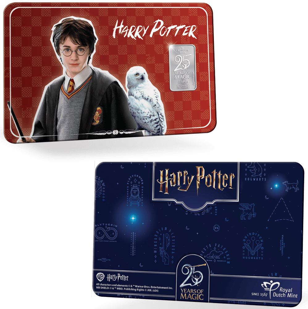 Front view of 2026 Germany Harry Potter 1g silver bar in Finecard, featuring Harry Potter and Hedwig, minted in 202.