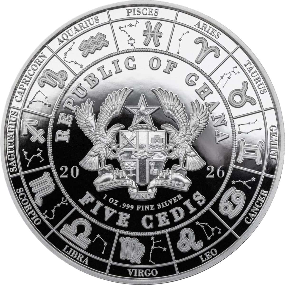 Intricate view of the 2026 Ghana Zodiac Goddess Cancer 1 oz Silver Proof Colorized Coin from the front, showcasing.