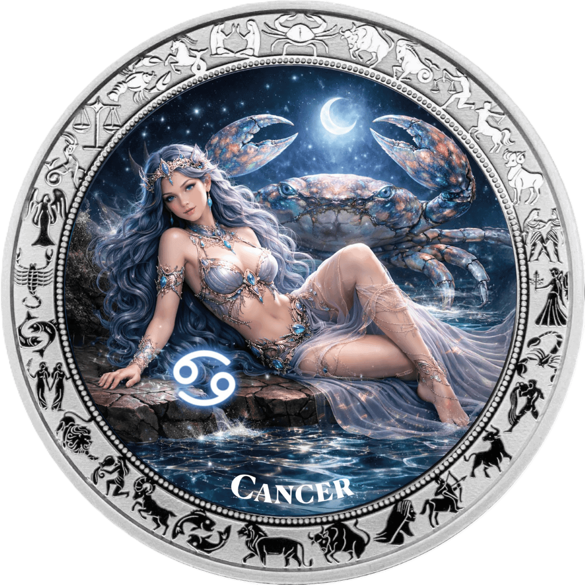 Crucial 2026 Liberia silver proof coin, zodiac theme, 1 oz, minted by GR Reserve, featuring angel and devil imagery.