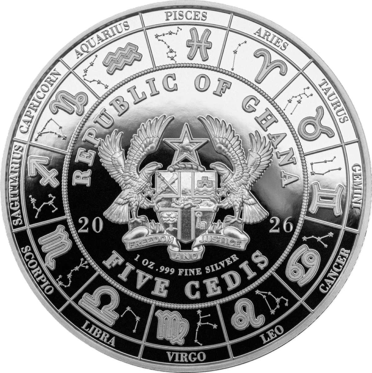 Crucial angle, 2026 Ghana mint, 1 oz silver proof coin, featuring zodiac goddess Taurus, colorized, collectible sil.