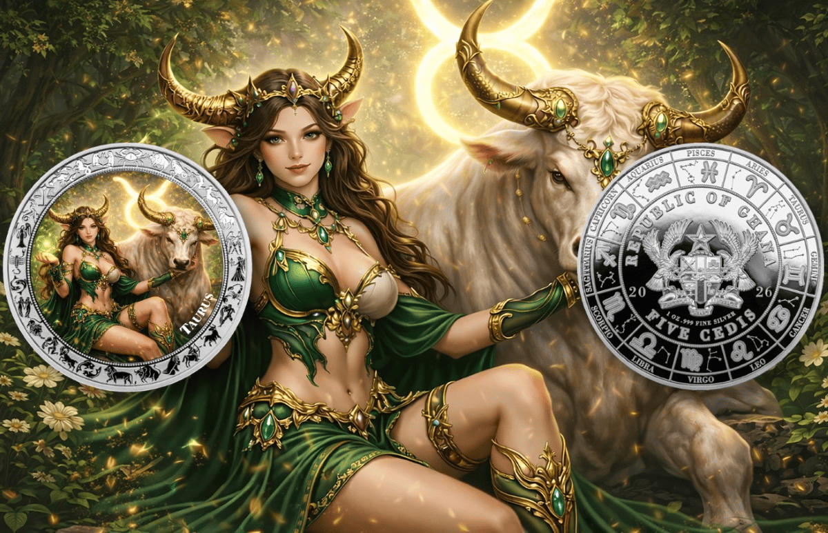 A lush, detailed image of the 2026 Ghana Zodiac Goddess Taurus 1 oz Silver Proof Colorized Coin, showcasing the fro.