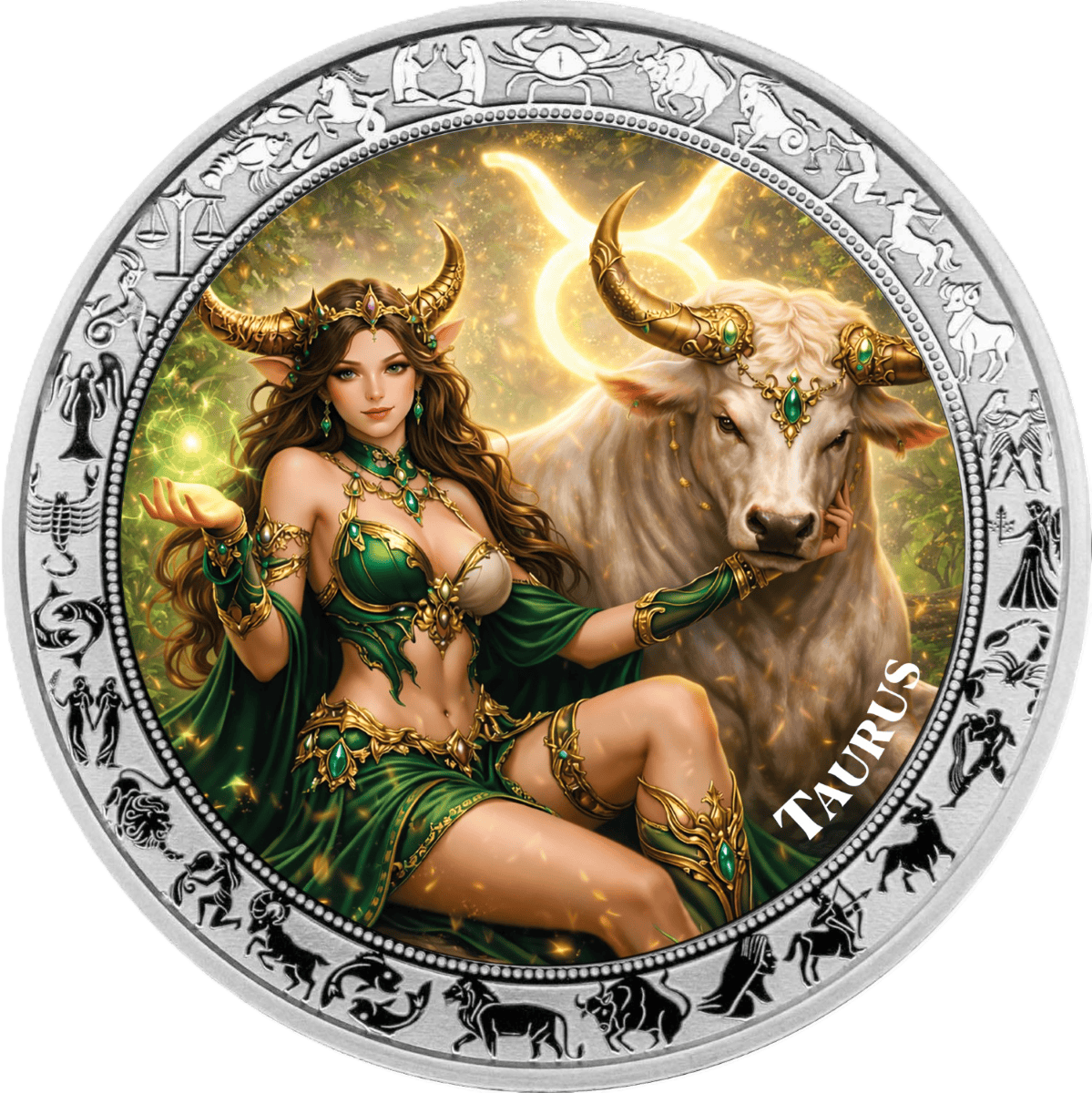 2026 Ghana Zodiac Goddess Taurus 1 oz Silver Proof Colorized Coin, front view, 2026 mint, featuring Taurus theme, d.