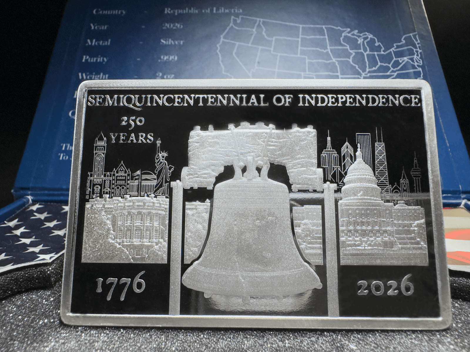 Crucial angle, 2026 Liberia 250th Anniversary silver proof bar, 2 oz, minted by GR Reserve, featuring iconic symbol.