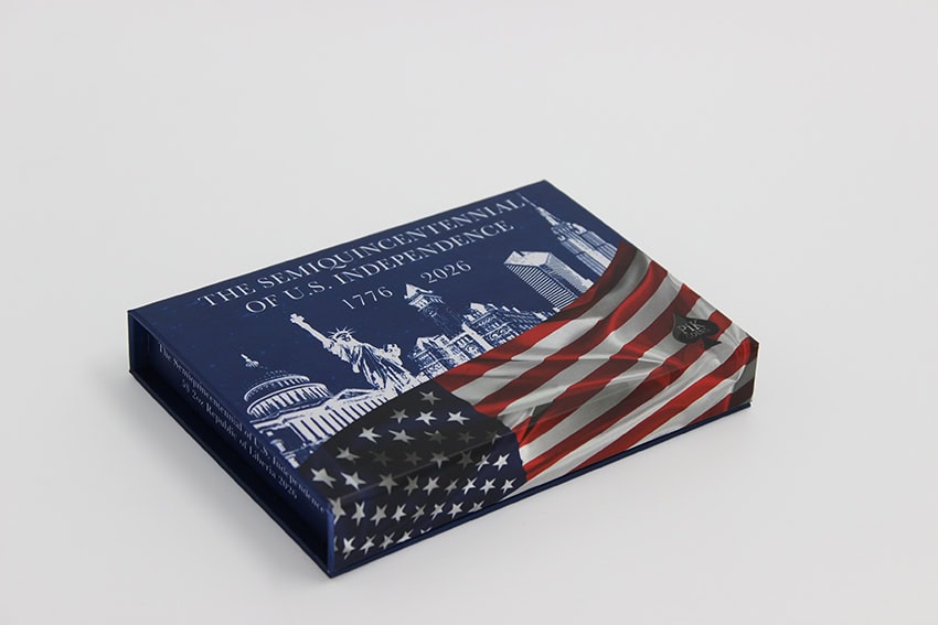 Bright angle, 2026 Liberia 250th Anniversary of U.S. Independence 2 oz Silver Proof Bar, minted by GR, in a reserve.