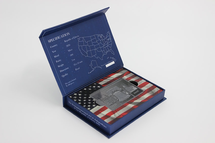 2 oz silver proof bar from 2026 Liberia 250th U.S. Independence, minted by GR, angled view, commemorating American.