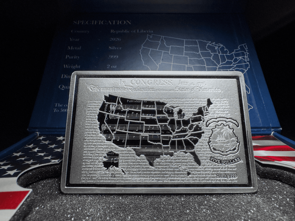 Crucial angle 2026 Liberia 250th US Independence Silver Proof Bar, minted by GR Reserve, 2 oz weight, commemorative.