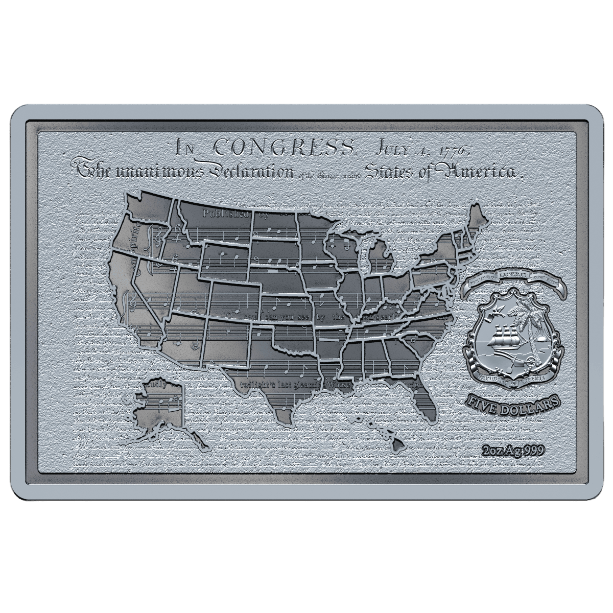 Crucial angle, 2026 mint, Liberia 2 oz silver proof bar, celebrating U.S. Independence 250th anniversary, open box.