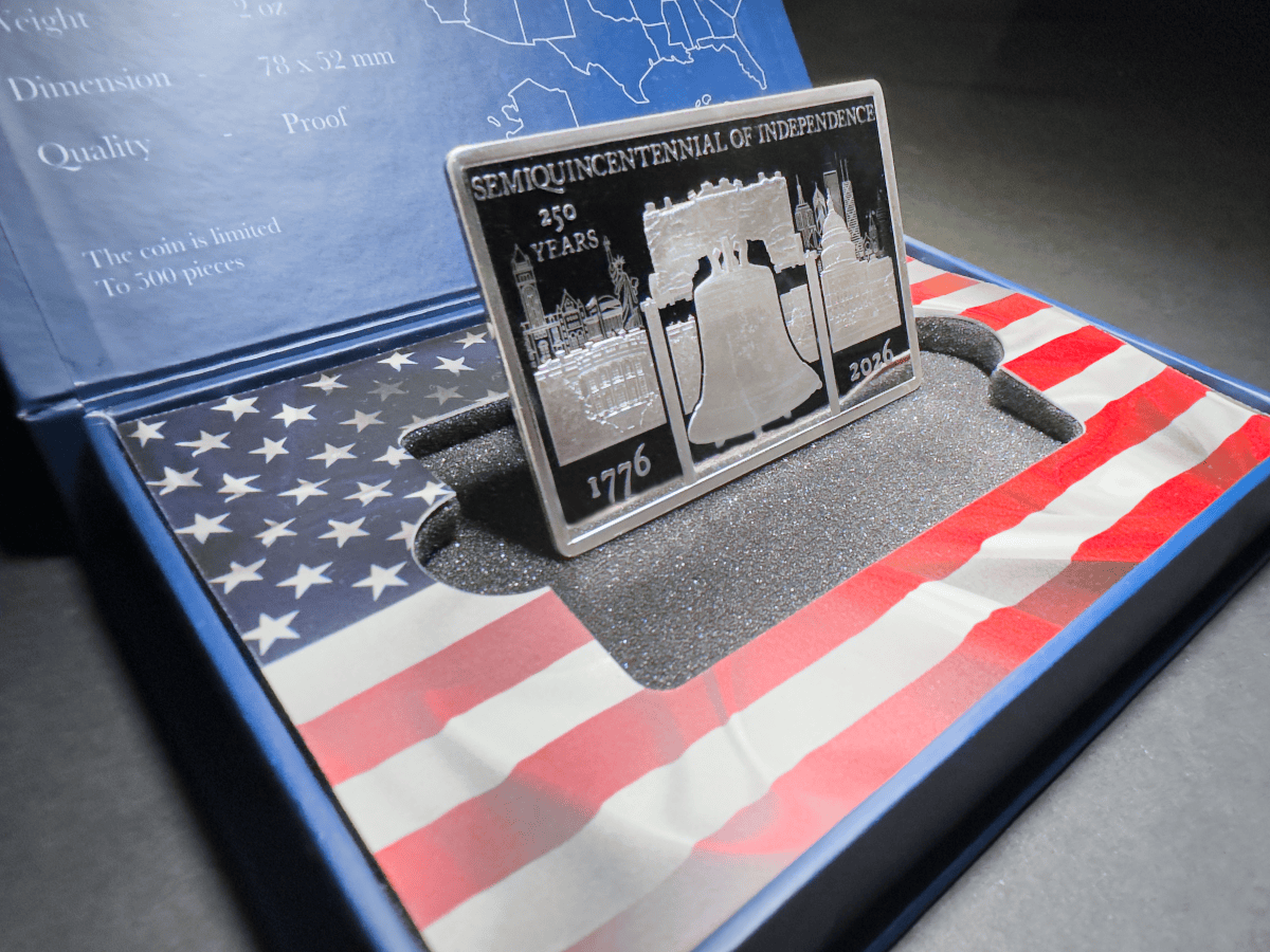 Silver proof bar from 2026 Liberia 250th Independence anniversary, minted in the USA, 2 oz weight, angled view show.