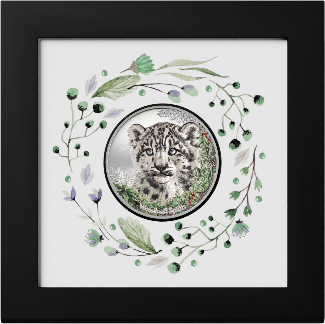 Mongolia 2026 Snow Leopard 1 oz Silver Colorized Proof Coin, 2023, Mint of Mongolia, detailed angle, with woodland.