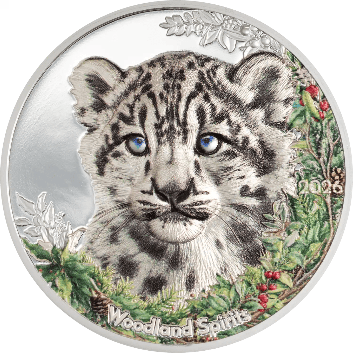 2026 Mongolia Woodland Spirits Snow Leopard 1 oz Silver Colorized Proof Coin, Perth Mint, front view, 2026, detaile.