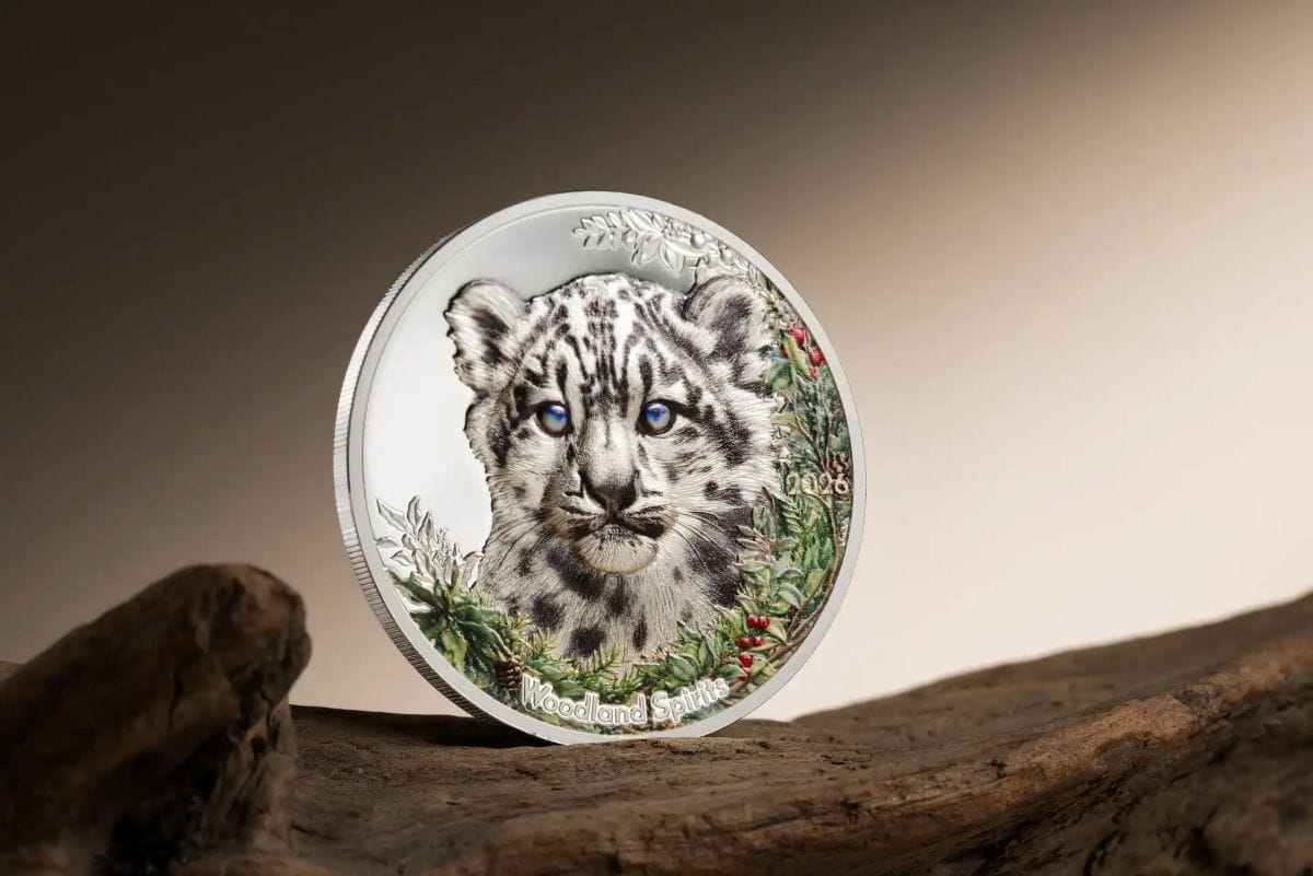 Bright angle of the 2026 Mongolia Snow Leopard 1 oz Silver Colorized Proof Coin from the GR Reserve Social mint.