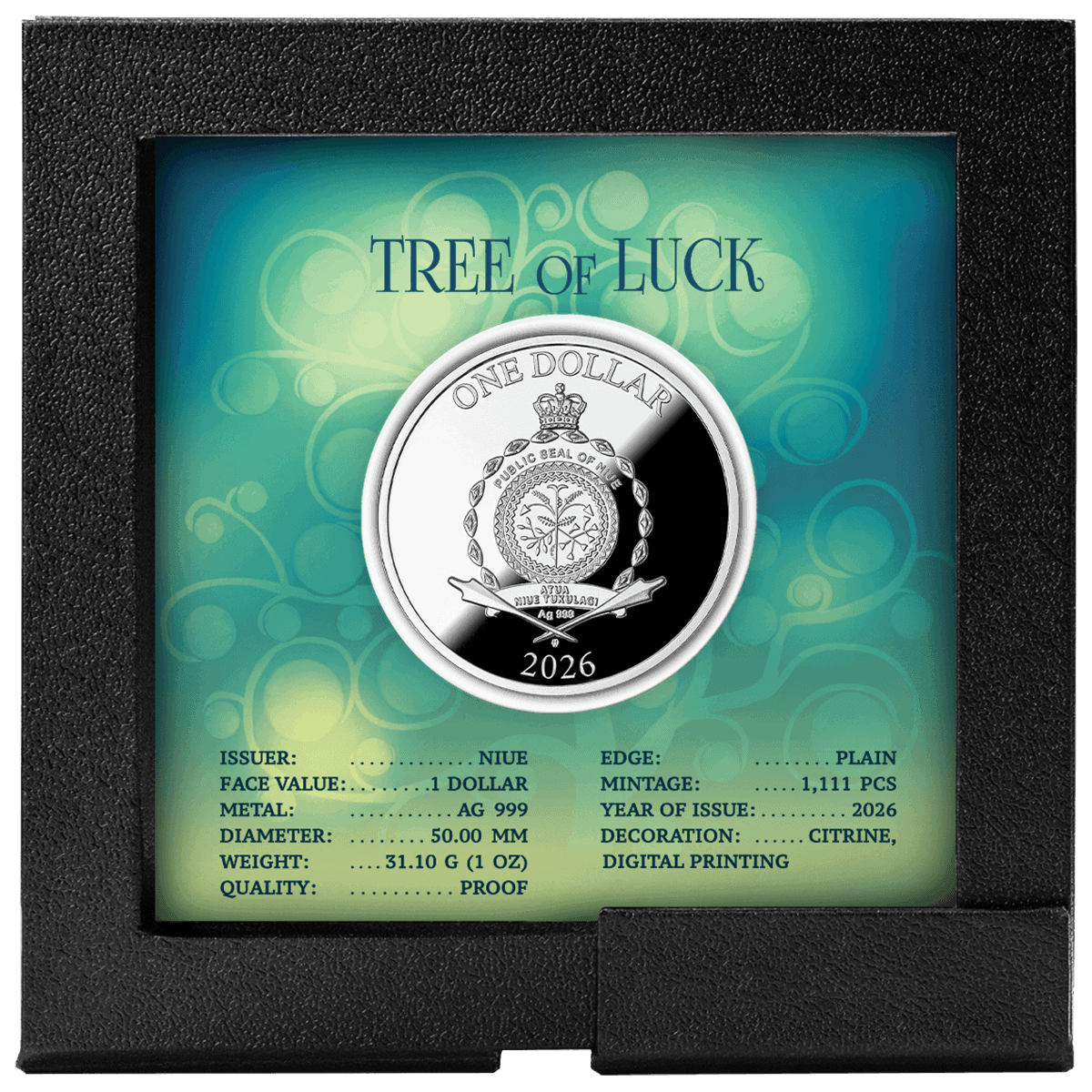 Niue 2026 Tree of Luck 1 oz Silver Proof Coin with Citrine Insert, mint-made, 50mm, collectible, vibrant color, pro.