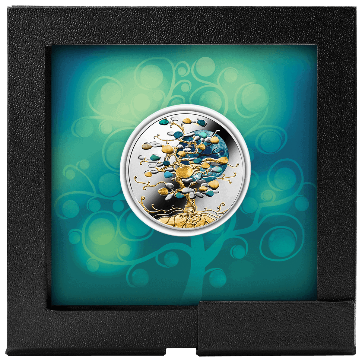 Niue 2026 Tree of Luck 1 oz Silver Proof Colorized Coin, front angle, with citrine insert, minted in 2026, in GR Re.