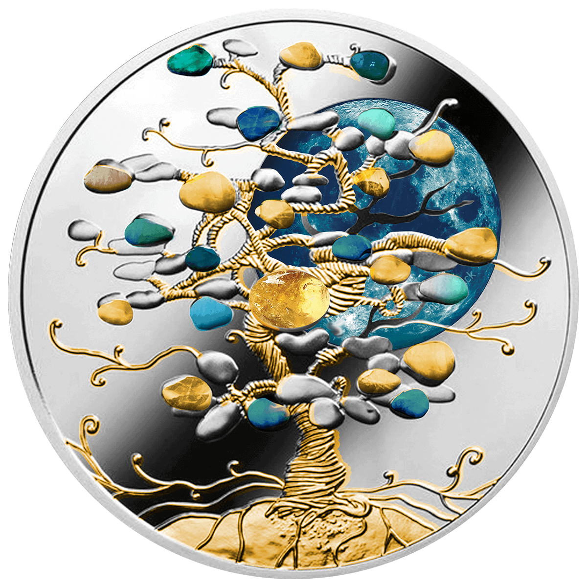 Silver coin, Niue 2026, Tree of Luck theme, 1 oz weight, minted by GR, angled view showcasing colorful citrine inse.