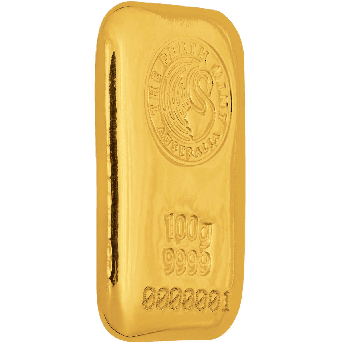 Shiny 2026 Perth Mint 100g Gold Cast Bar GR Reserve angle showcasing detailed mint logo and weight.