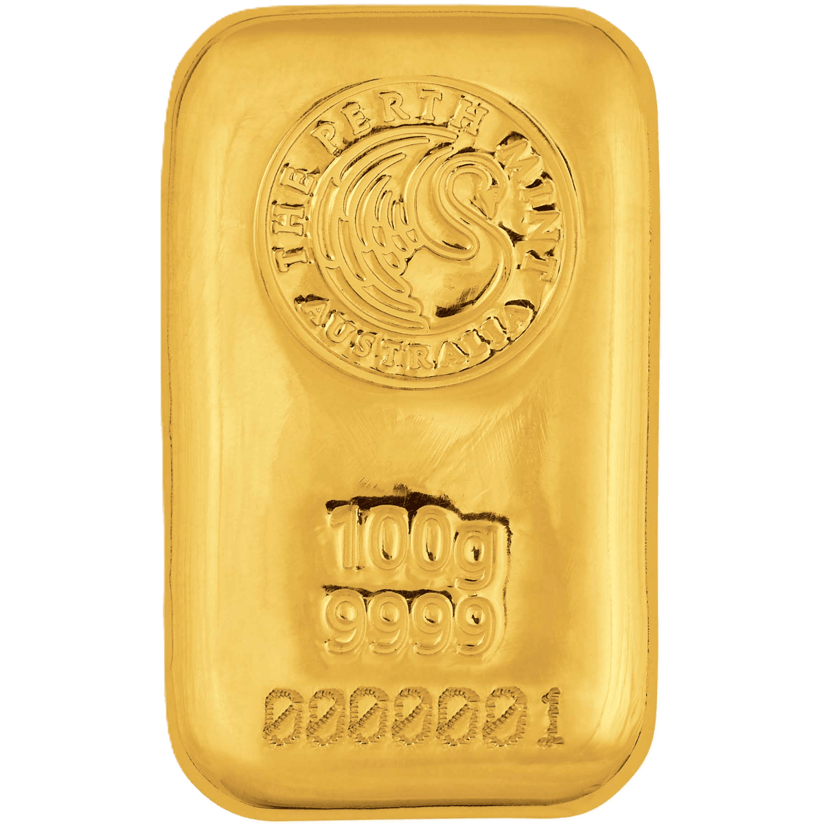 Perth Mint 2026 100g gold cast bar, front angle, featuring iconic logo and weight, crafted in Australia, luxurious.