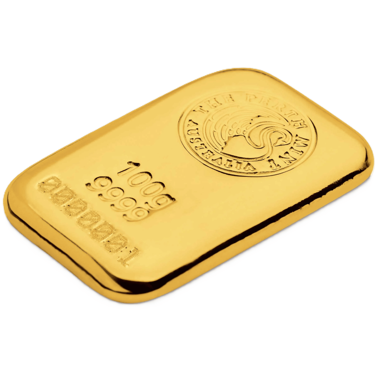 Shiny 2026 Perth Mint 100g Gold Cast Bar GR Reserve, angled view showcasing craftsmanship and weight.