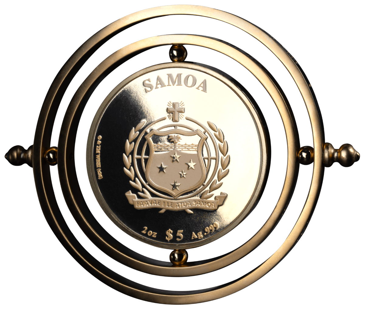 Shaped like a time turner, this 2026 Samoa Harry Potter silver proof coin features a detailed design, minted by the.
