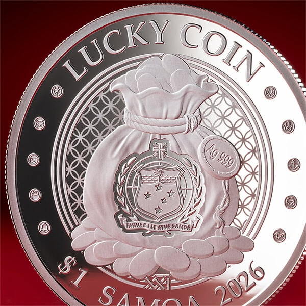 Close-up of 2026 Samoa Lucky Maneki Neko silver proof coin, 0.5 oz, minted by GR, featuring a lucky cat and gold gi.