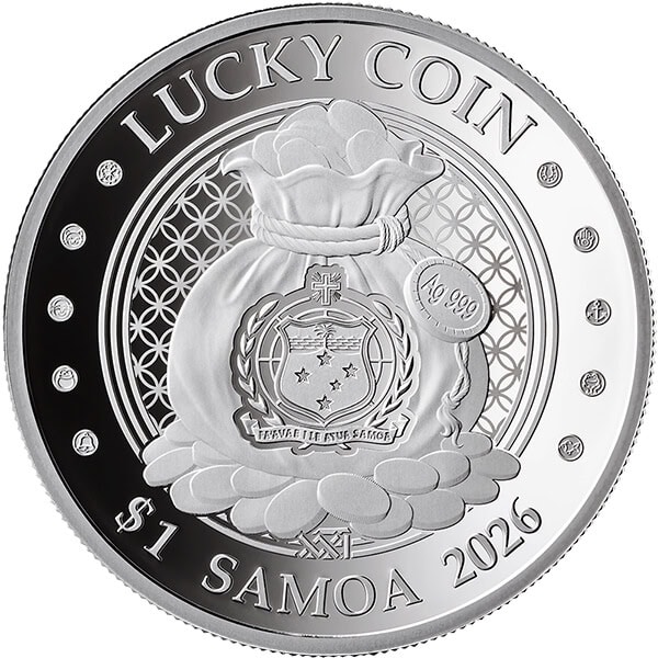 Lucky Coin Samoa 2026 silver proof coin, 0.5 oz, minted by Samoa, featuring a lucky Maneki Neko theme, digitally gi.
