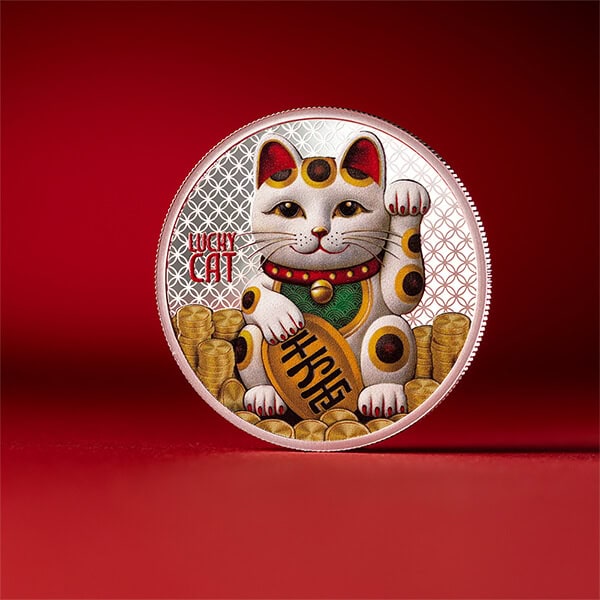 Lucky Maneki Neko coin, 2026 Samoa, minted in 2026, 0.5 oz silver proof, digitally gilded, front angle, collectible.
