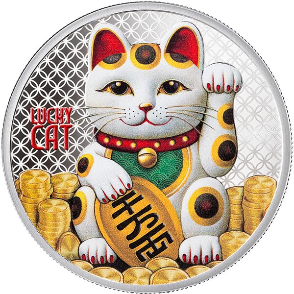 Lucky Maneki Neko coin, 2026 Samoa, 0.5 oz Silver Proof, digitally gilded, minted by GR, front angle, collectible c.