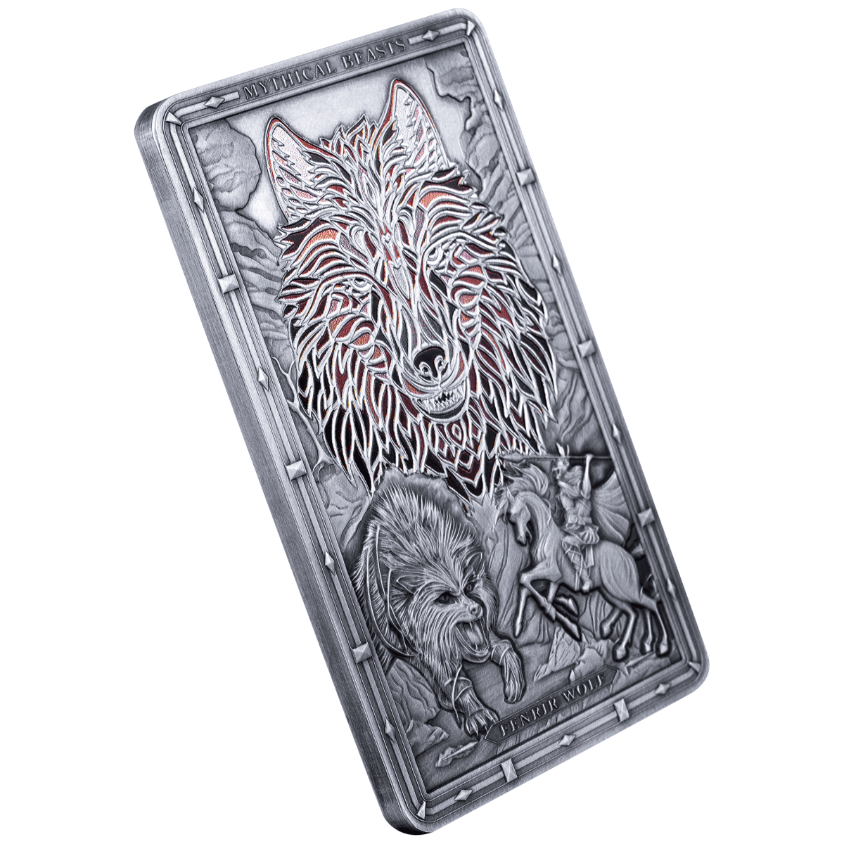 Intricate 2026 Samoa Fenrir Wolf 2 oz silver coin, minted in 2026, angled view, featuring mythical beast design, an.