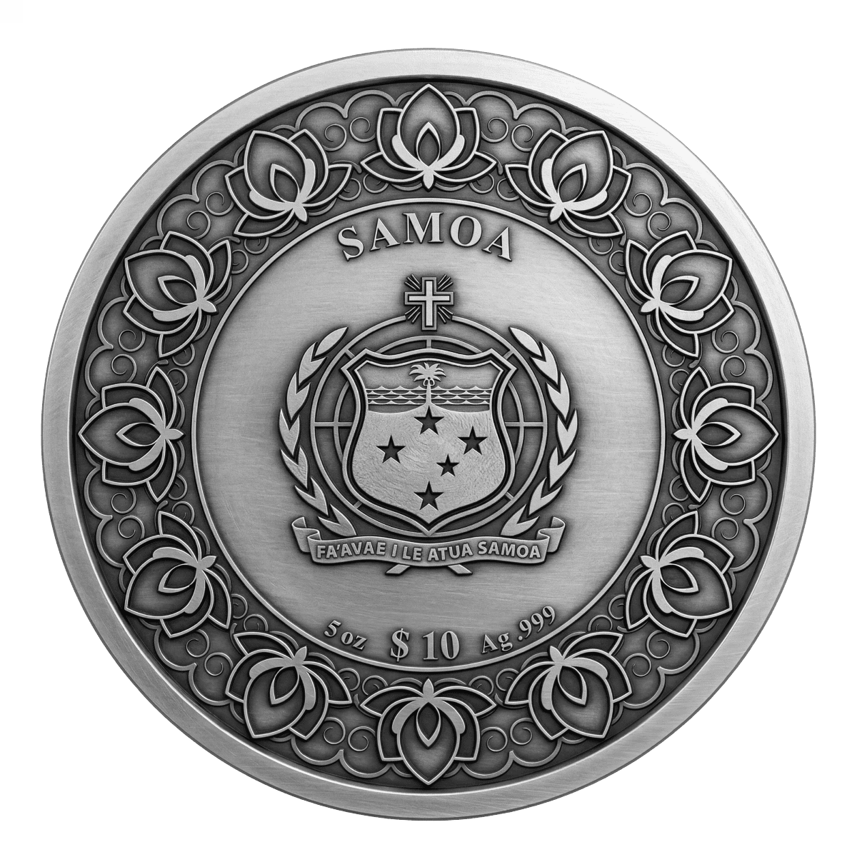 Intricate Samoa Shrangri La 2026 coin, 5 oz silver, minted in 2026, featuring gold accents and detailed island desi.