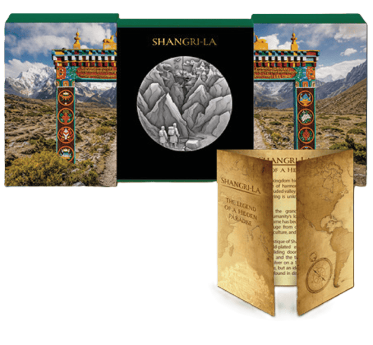 Intricate 2026 Samoa Shangri-La 5 oz silver antiqued coin from the GR Reserve, featuring gold accents, captured fro.