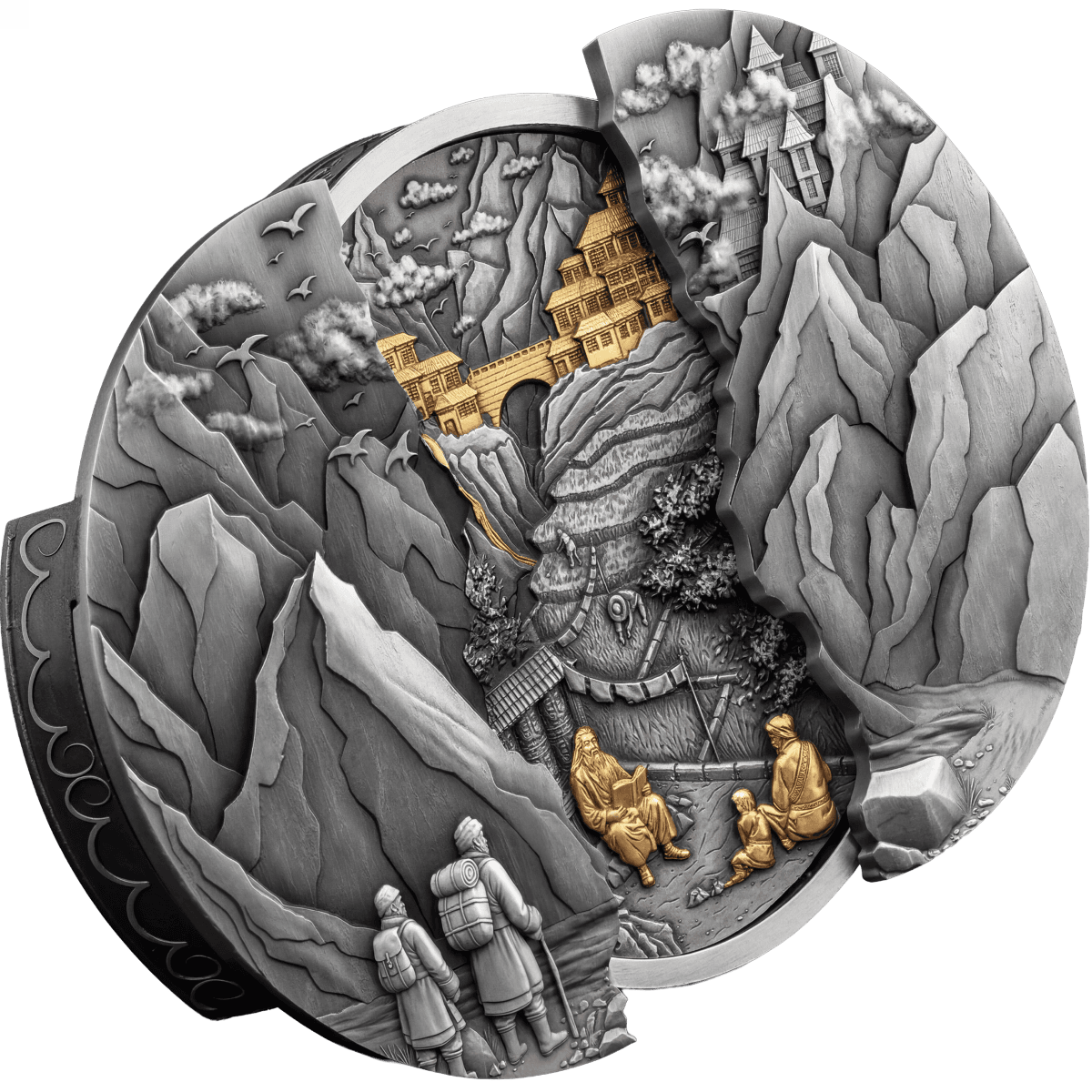 Intricate 2026 Samoa Shrangri La 5 oz silver antiqued coin with 24k gold accents, detailed mountain scene, minted b.