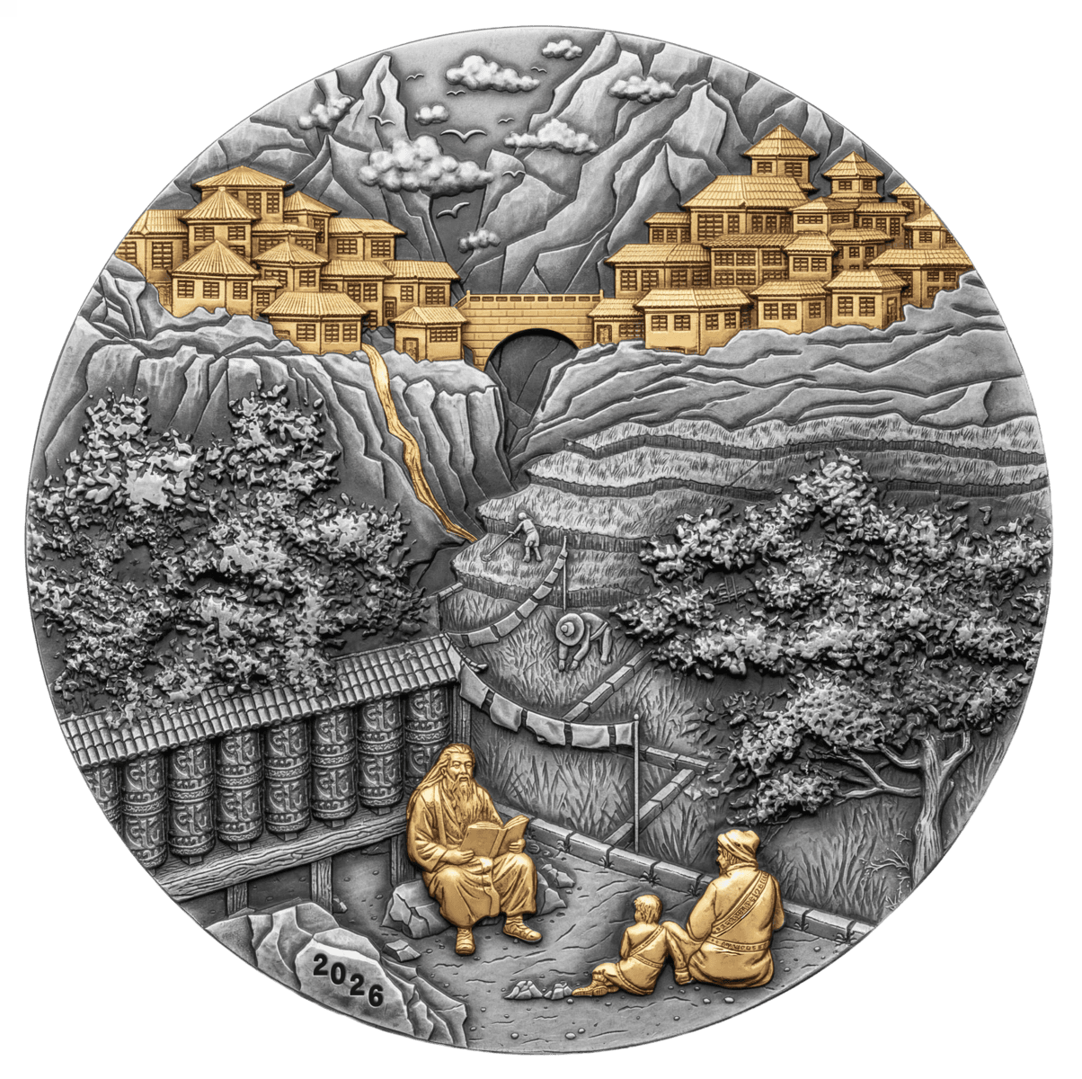 Intricate 2026 Samoa Shrangri La 5 oz silver antiqued coin with 24k gold accents, minted in 2026, showcasing a deta.