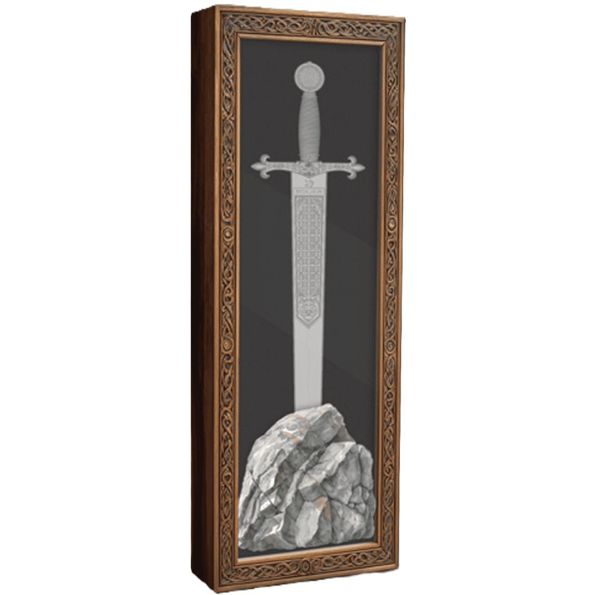 The image shows a display case containing a silver coin shaped like a sword, with a detailed rock base.
