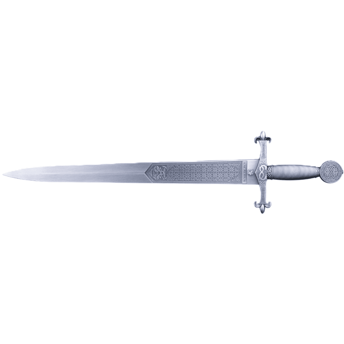 The image shows a detailed, antiqued silver coin shaped like a sword, featuring intricate engravings.