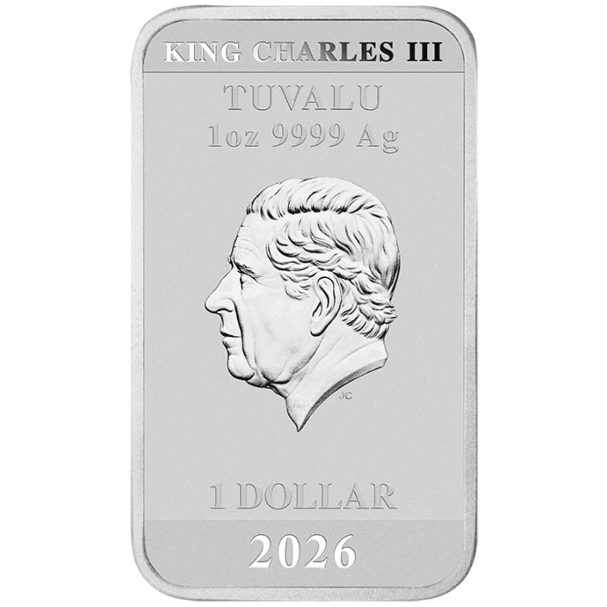 A silver coin featuring a profile of King Charles III, 2026, Tuvalu mint, 1 oz weight, with Stranger Things theme.