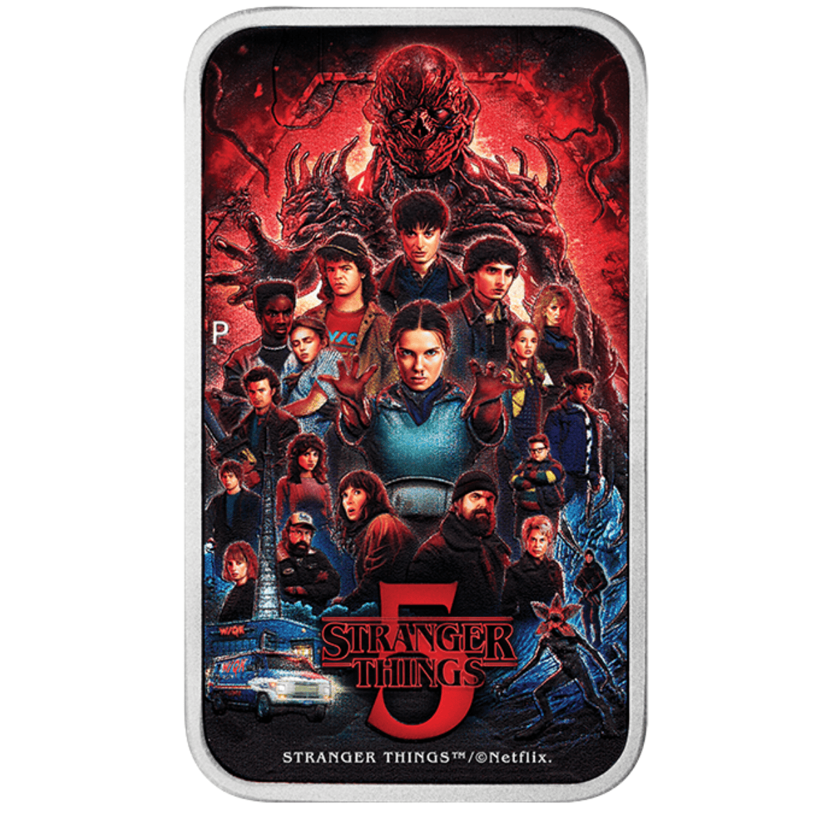 A colorful, angled 2026 Tuvalu silver coin featuring Stranger Things Season 5, minted in 2023, weighing 1 oz, with.