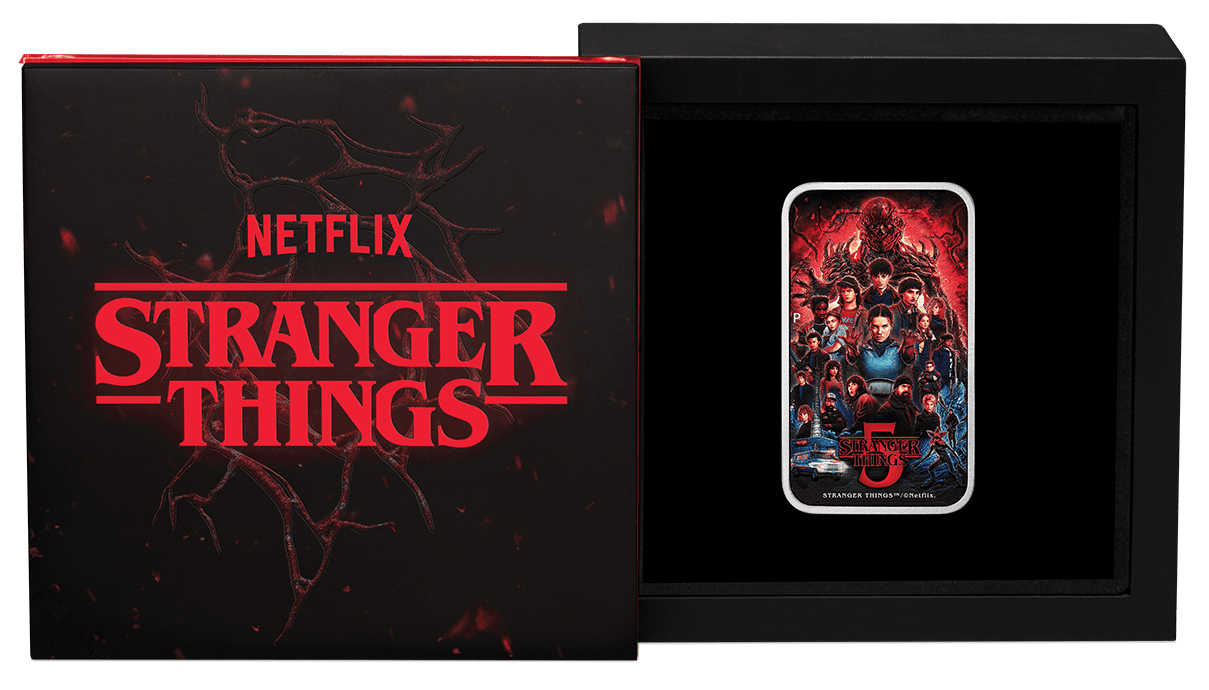 Angle view of 2026 Tuvalu Stranger Things Season 5 1 oz silver colorized coin, 2026, Tuvalu mint, featuring the sho.