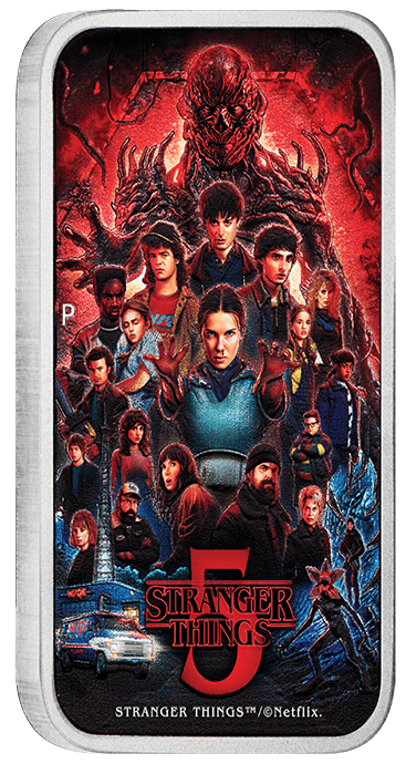 Stranger Things Season 5 2026 Tuvalu silver coin, side view, 1 oz, minted by GR, featuring iconic characters and De.