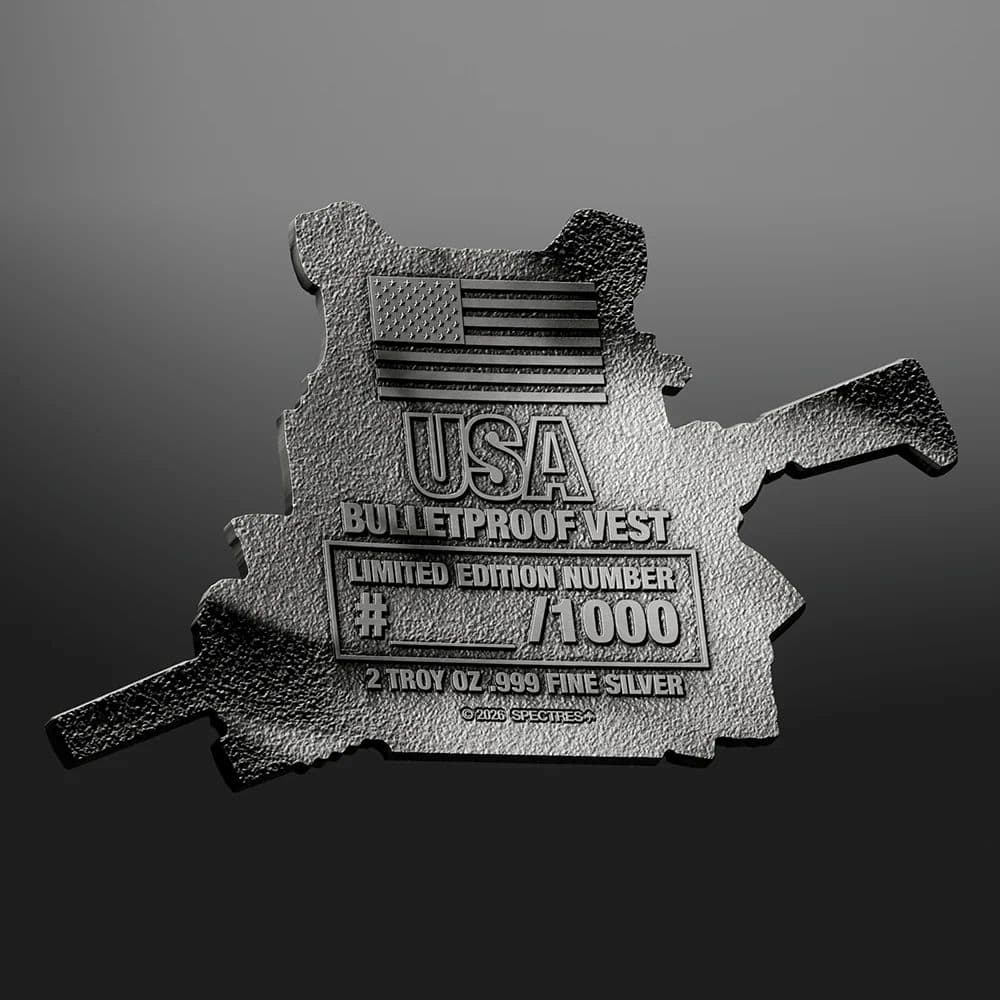 USA Bulletproof Vest 2 oz Silver collectible, 2026, shaped, minted by Troy, featuring patriotic theme, ultra high r.