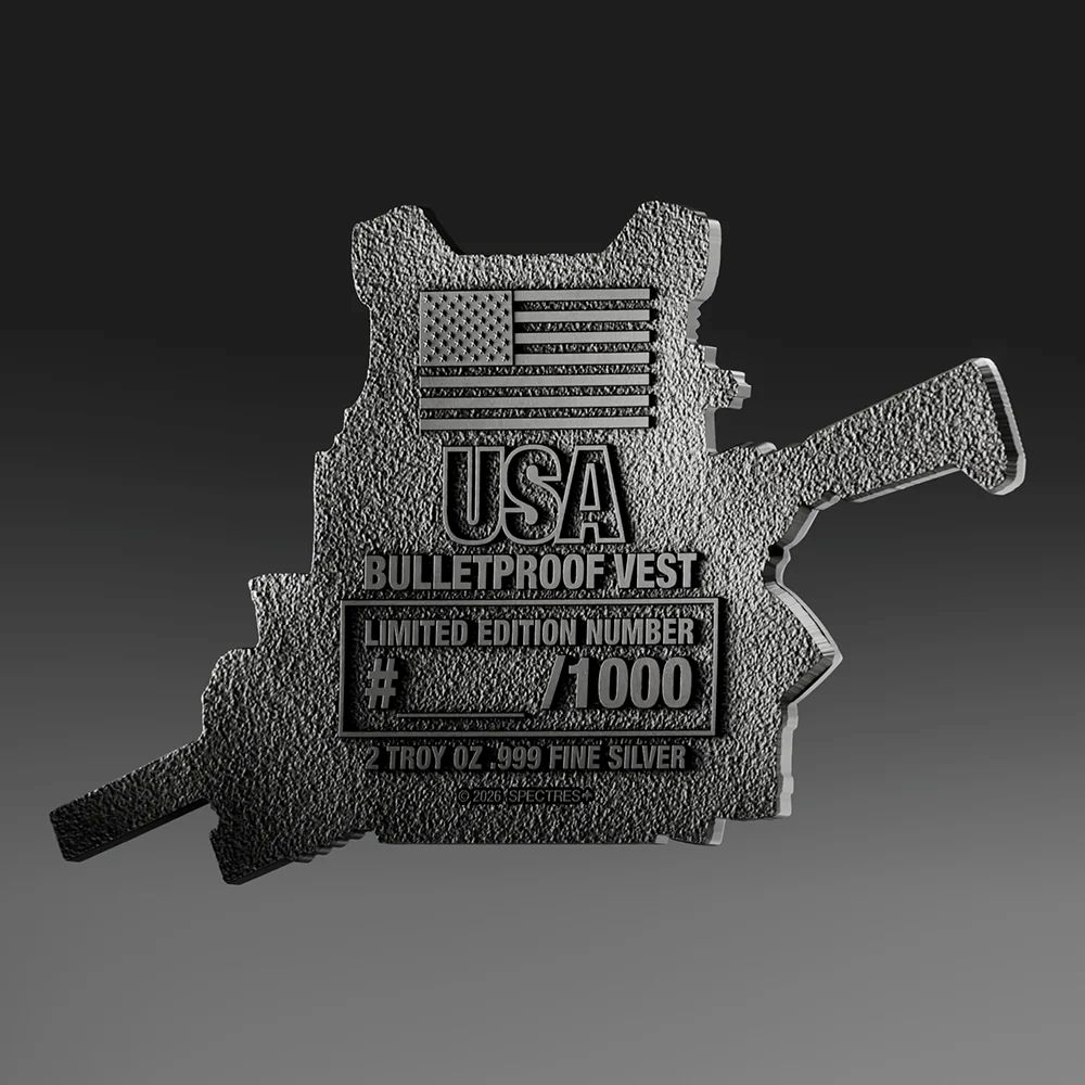 Crushed 2026 USA Bulletproof Vest 2 oz silver collectible, minted in Troy, detailed ultra high relief, featuring pa.