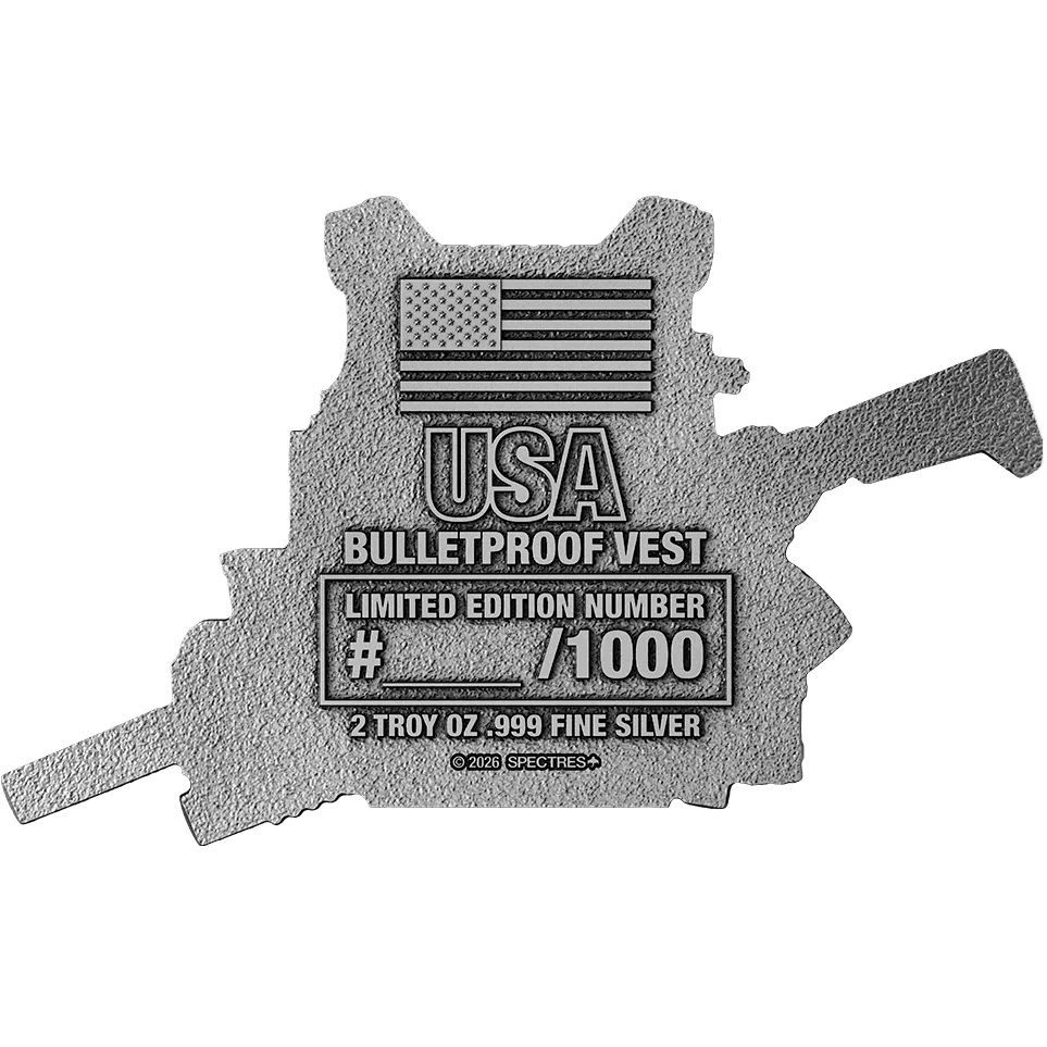 A detailed image of the 2026 USA Bulletproof Vest 2 oz Silver collectible, showcasing its intricate design and craf.