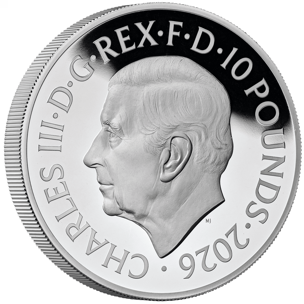 Shiny silver proof coin featuring a side profile of a British monarch, 2026, minted by the Royal Mint, 5 oz weight,.