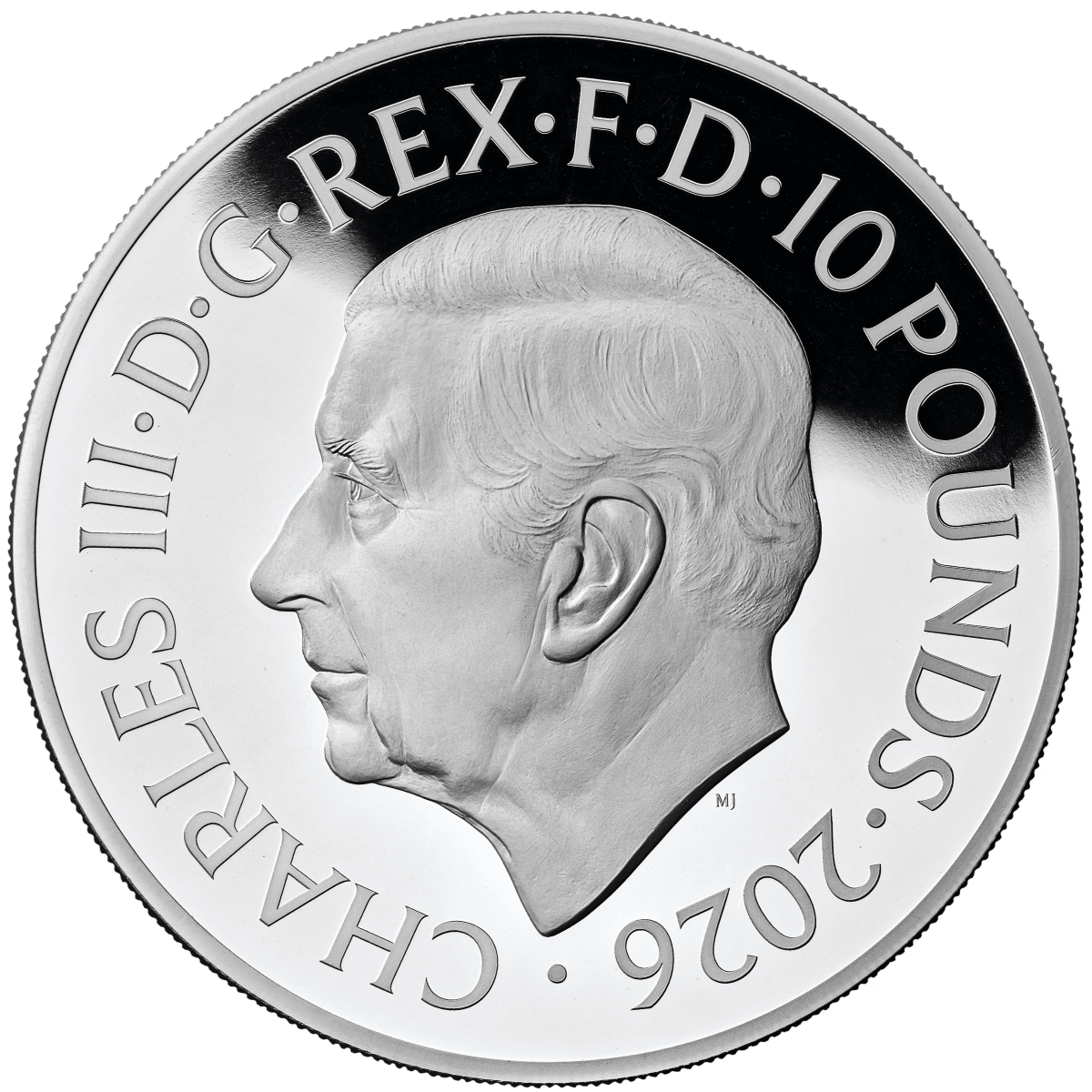 Shiny silver proof coin featuring a side profile of a legendary figure, minted in 2026 by the Royal Mint, weighing.