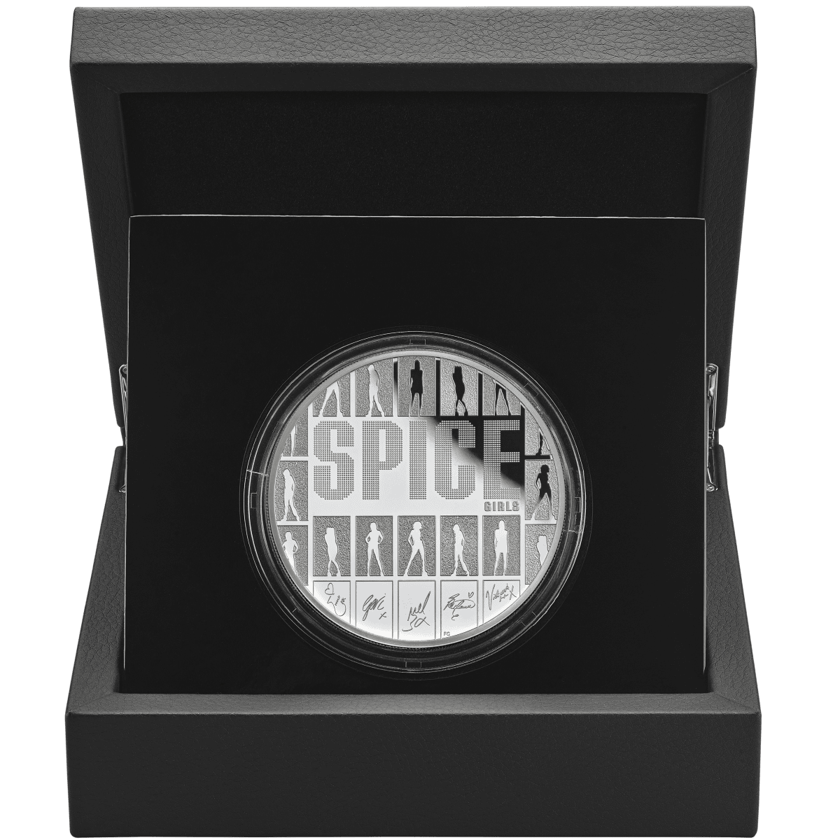 Shiny silver proof coin featuring Spice Girls, 2026 UK mint, 5 oz weight, angled view, in a sleek reserve box, cele.
