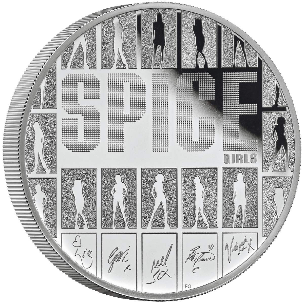 The Spice Girls 2026 UK silver proof coin, 5 oz, minted by GR Reserve, features iconic silhouettes and signatures,.