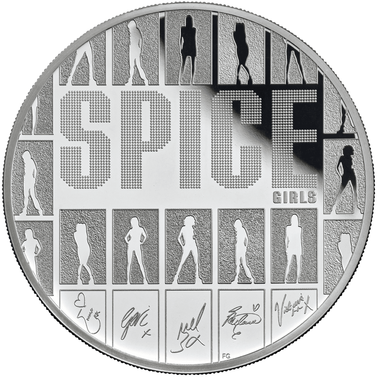 Vintage-style 2026 UK Spice Girls silver proof coin, 5 oz, minted by GR, featuring iconic silhouettes and signature.