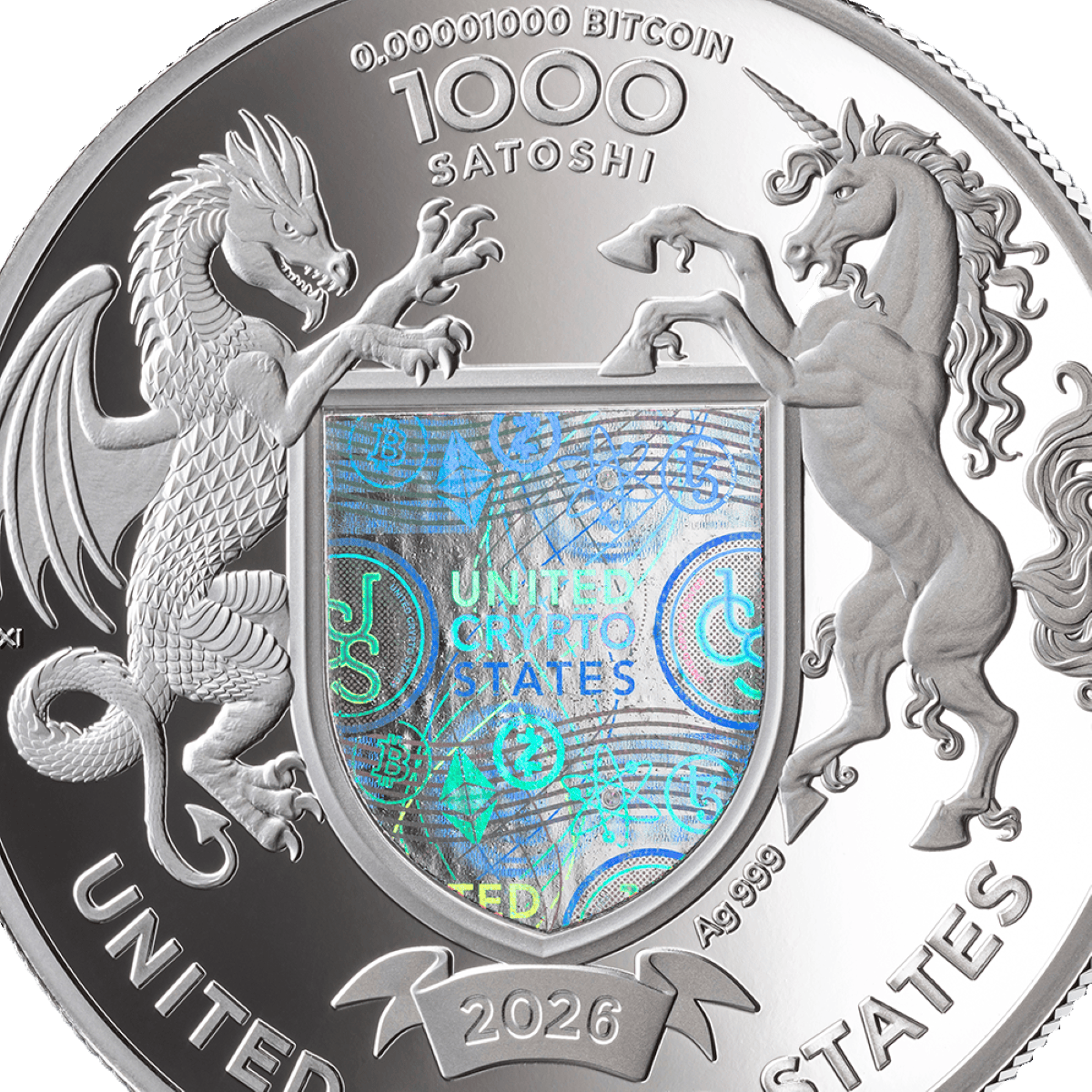 2026 United States Crypto Binary World Bull 1 oz Silver Proof Coin, front view, minted in 2026, featuring a detaile.