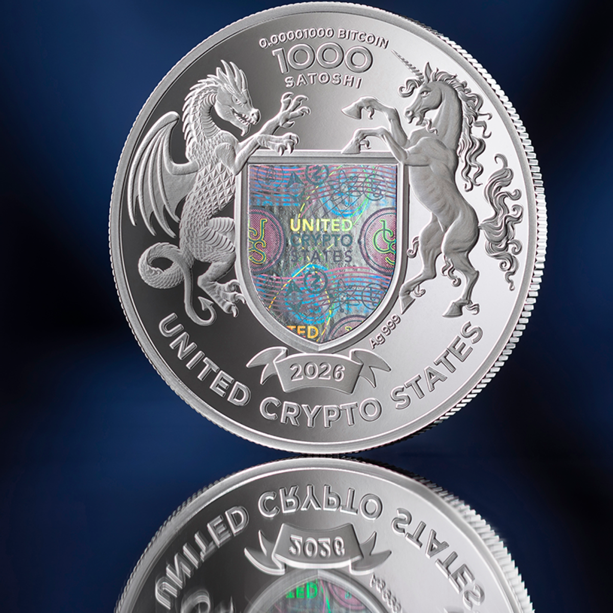 2026 United States Crypto Silver Coin, 1 oz, proof, minted by GR Reserve, featuring a dragon and unicorn from a sid.