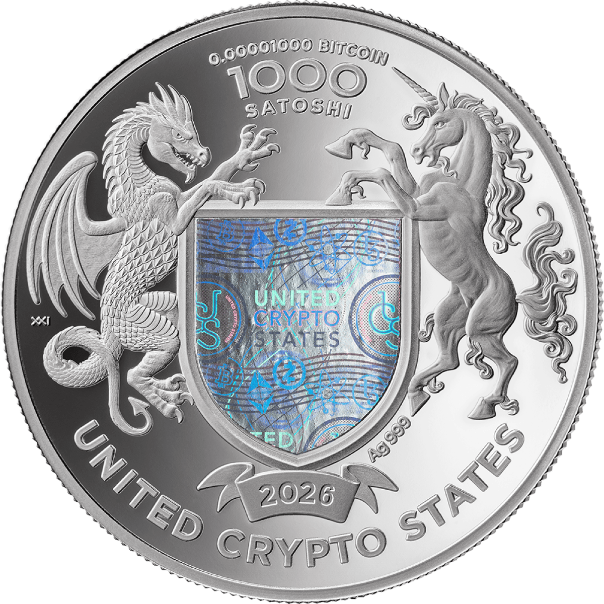 A rare 2026 United States Crypto Silver Proof Coin, featuring a detailed dragon and unicorn design, 1 oz weight, mi.